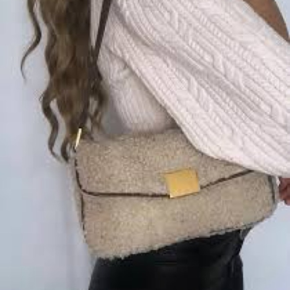 Zara Cream Shearling Shoulder Bag with Brown Strap